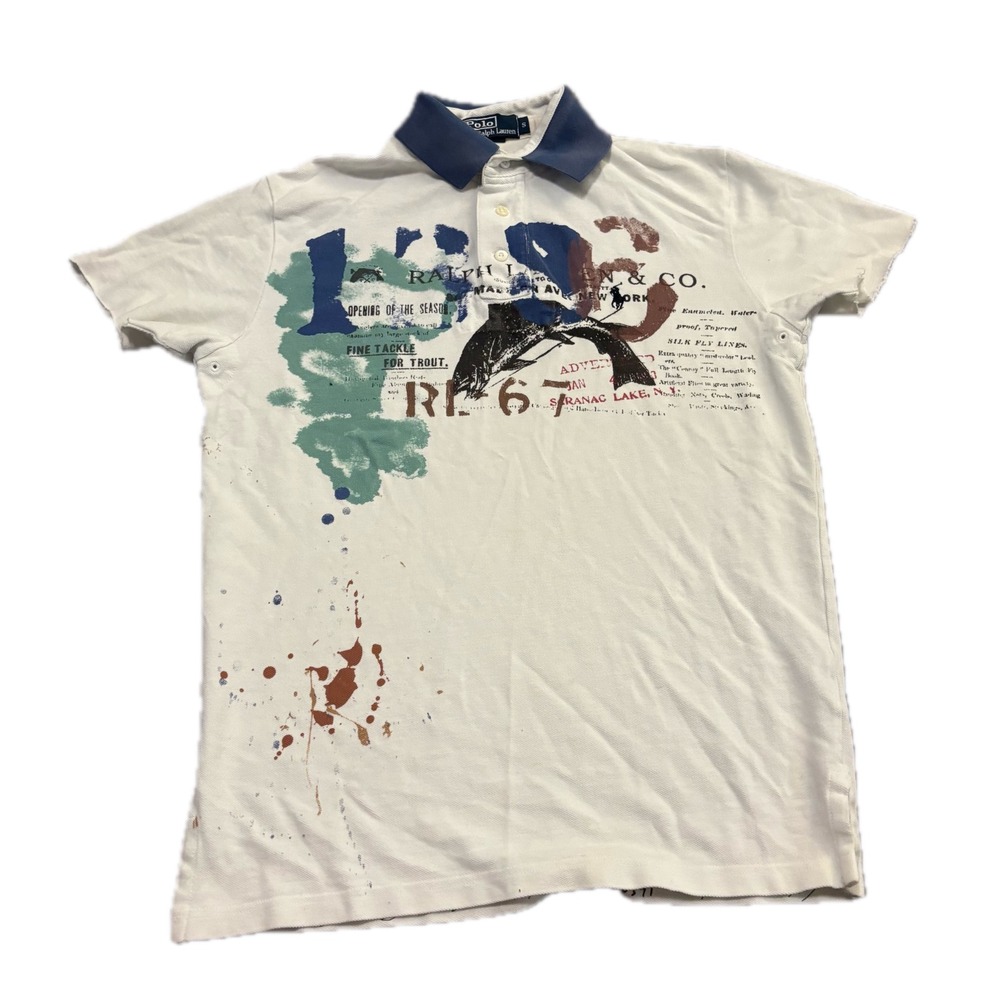 Polo Ralph Lauren Mens Distressed Fishing Graphic Polo Shirt Cream Blue Size S
